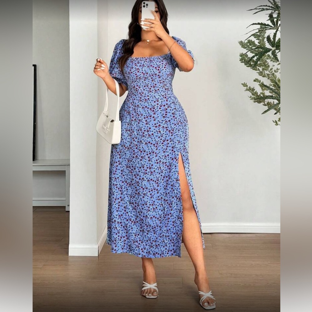 Floral Blue Lace-Up Back Dress - Picture 5 of 8